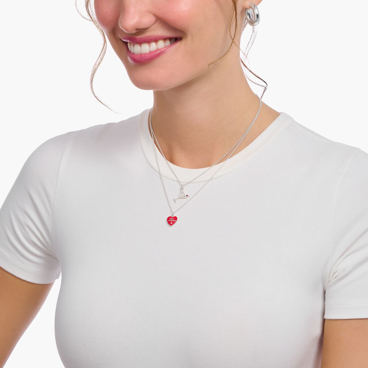 Silver necklace with red heart pendant with cold enamel