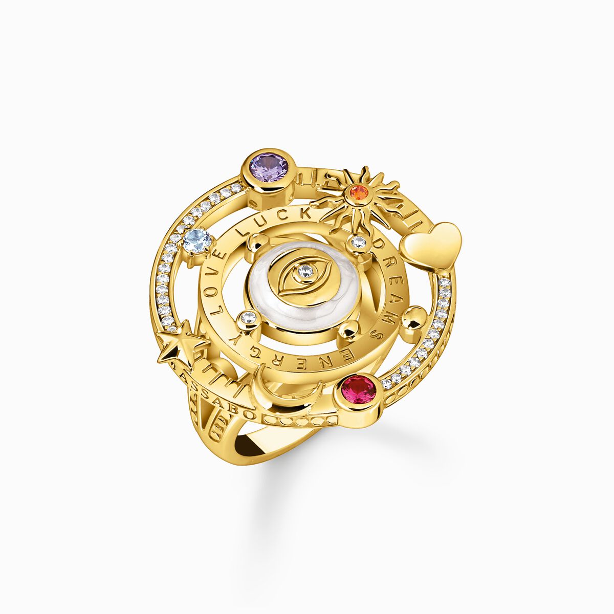 Yellow-gold plated cocktail ring with half-ball and stones