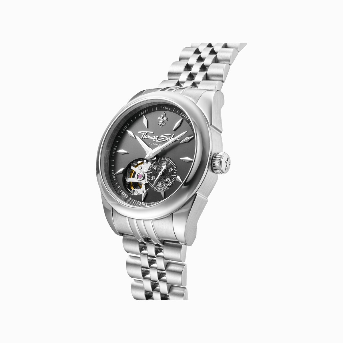Silver automatic watch with 36 mm and lilies emblem