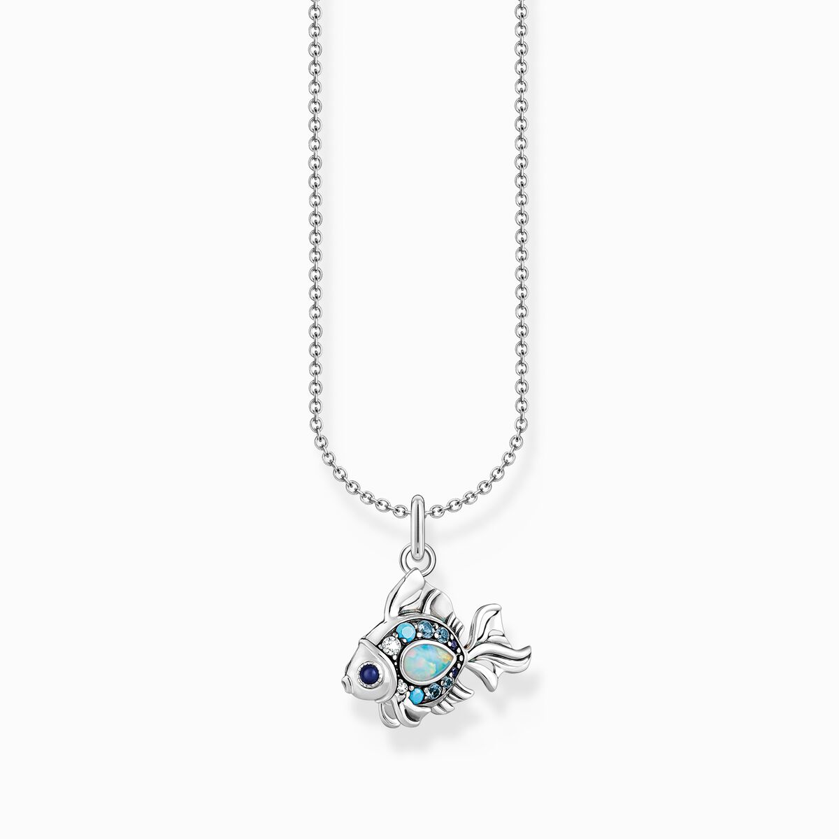 Silver necklace with fish pendant with cold enamel and stones