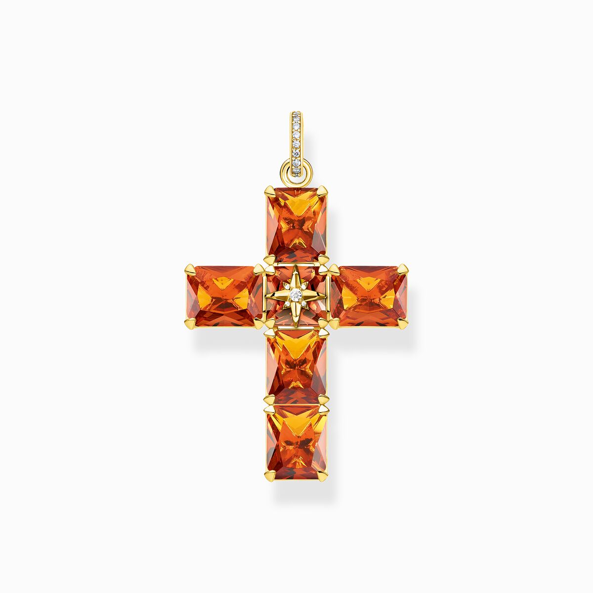 Pendant cross with large orange stones and star gold plated
