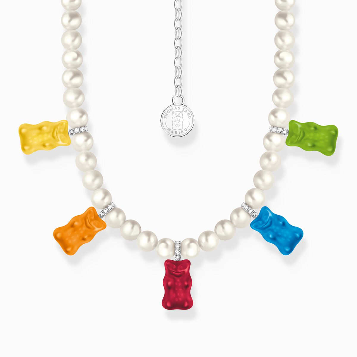 Silver pearl necklace with 5 colourful goldbears
