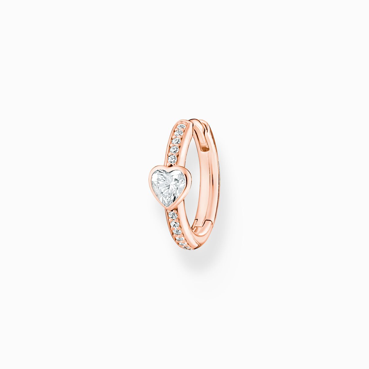 Single hoop earring with heart and white stones rose gold