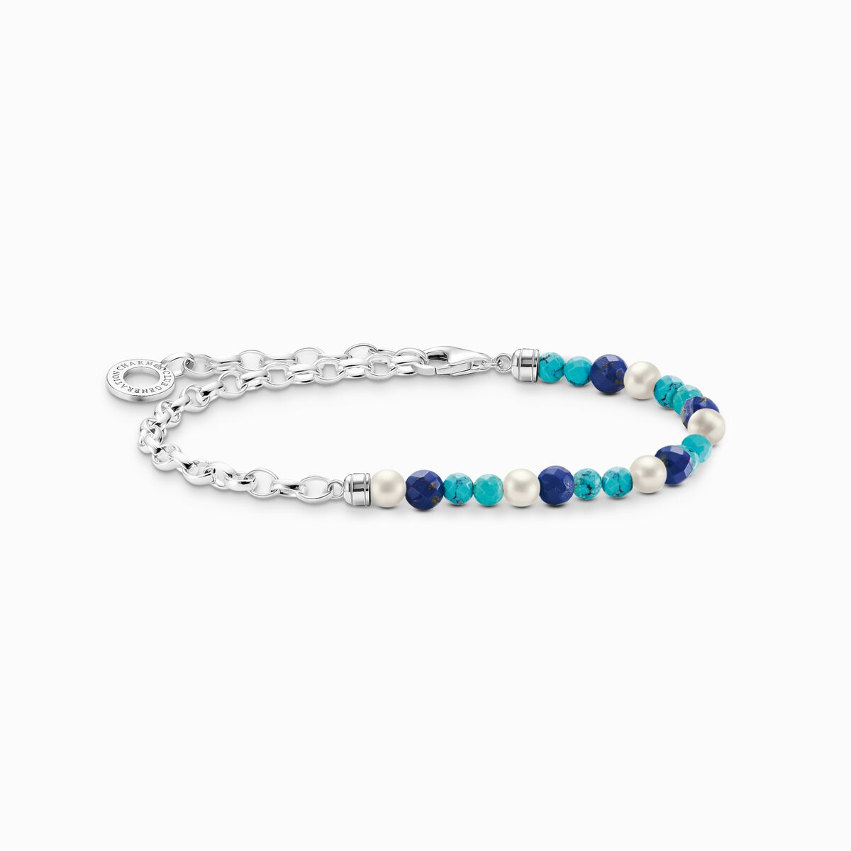 Charm bracelet with blue beads and white pearls silver