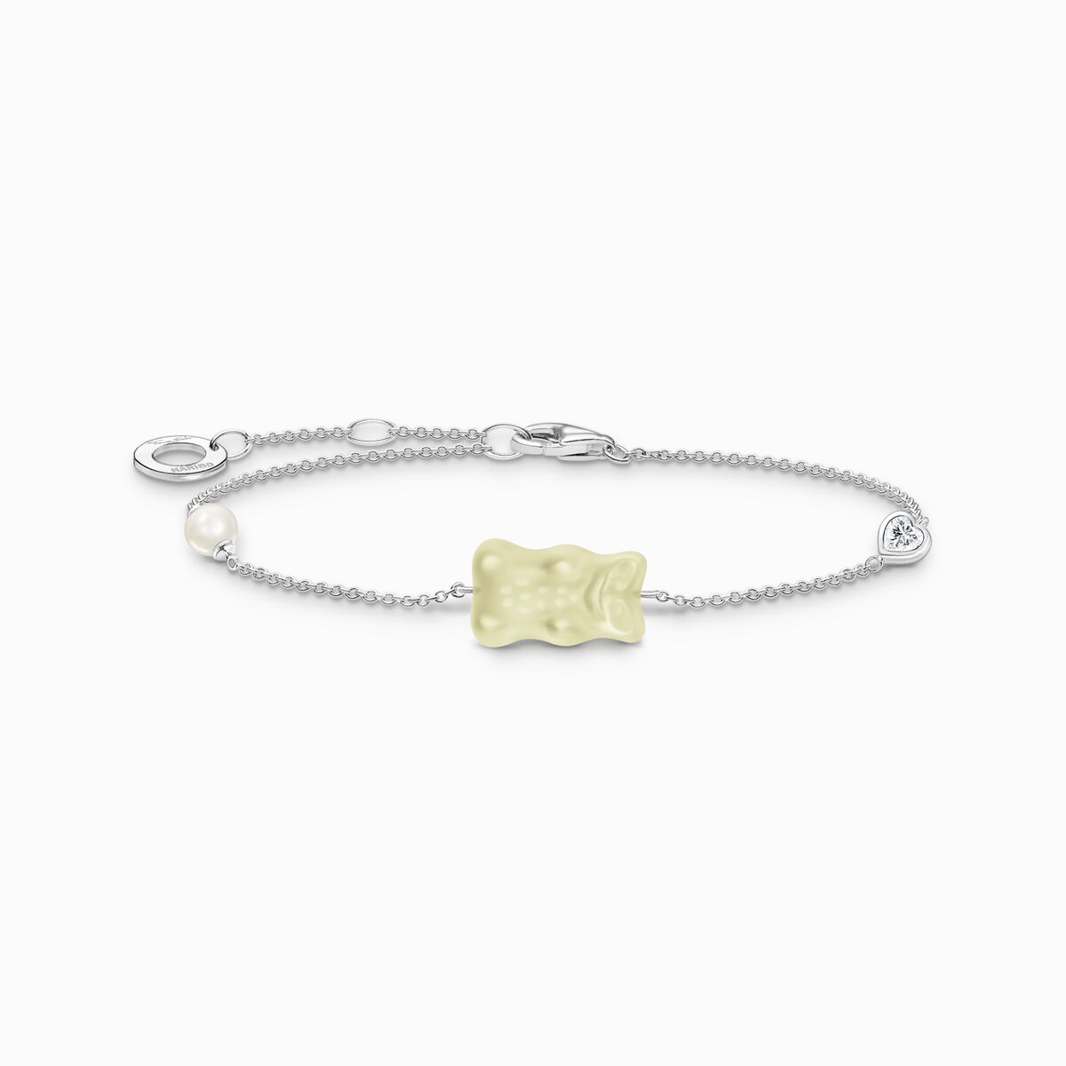 Silver bracelet with white goldbears, freshwater pearl & zirconia
