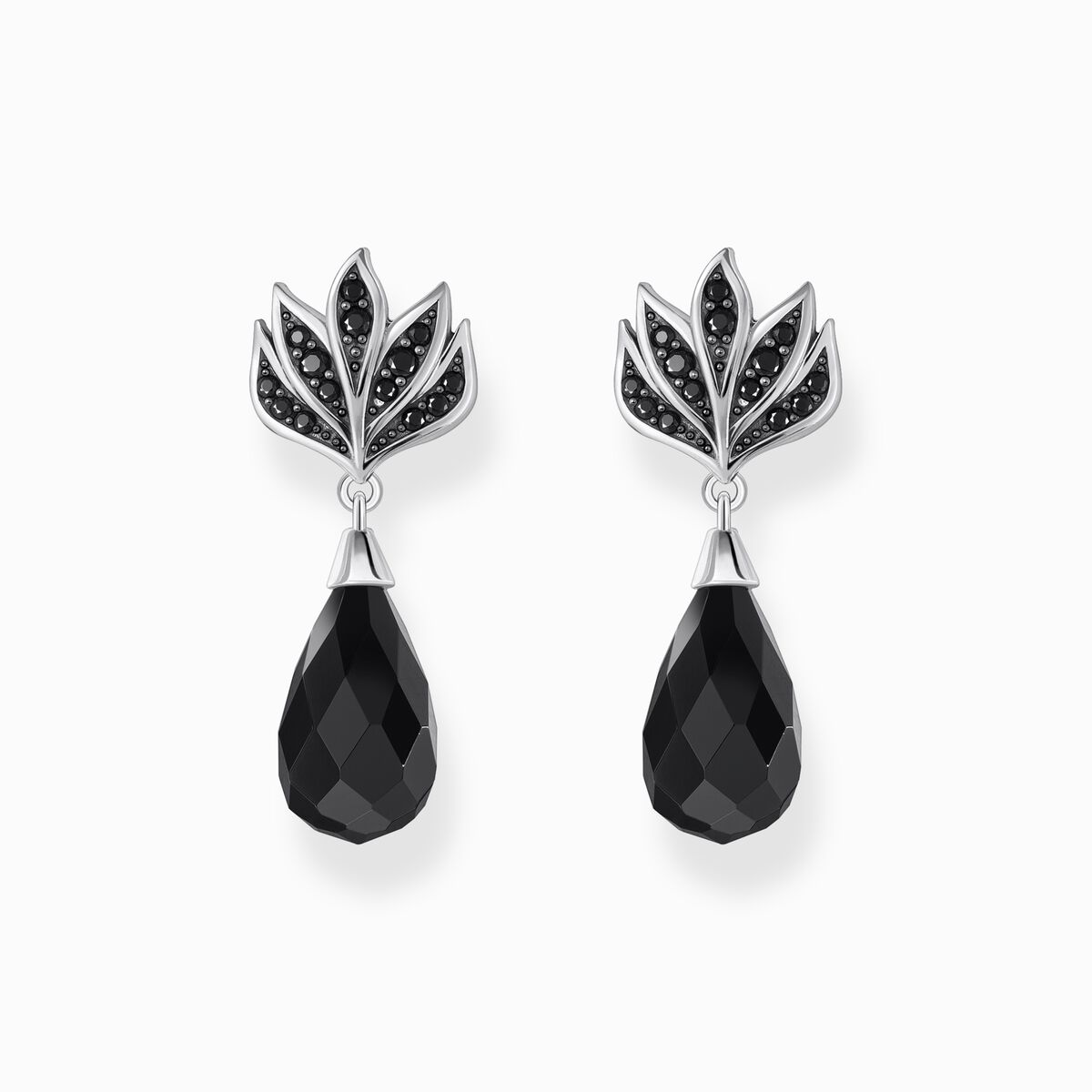Silver blackened ear studs with drop-shaped obsidian
