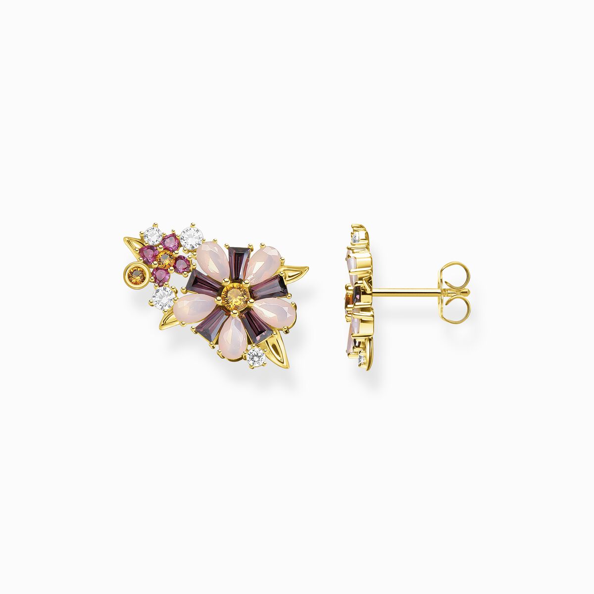 Ear studs flowers colourful stones gold