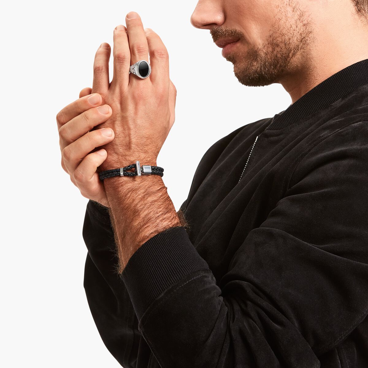 Silver double bracelet with braided, black leather