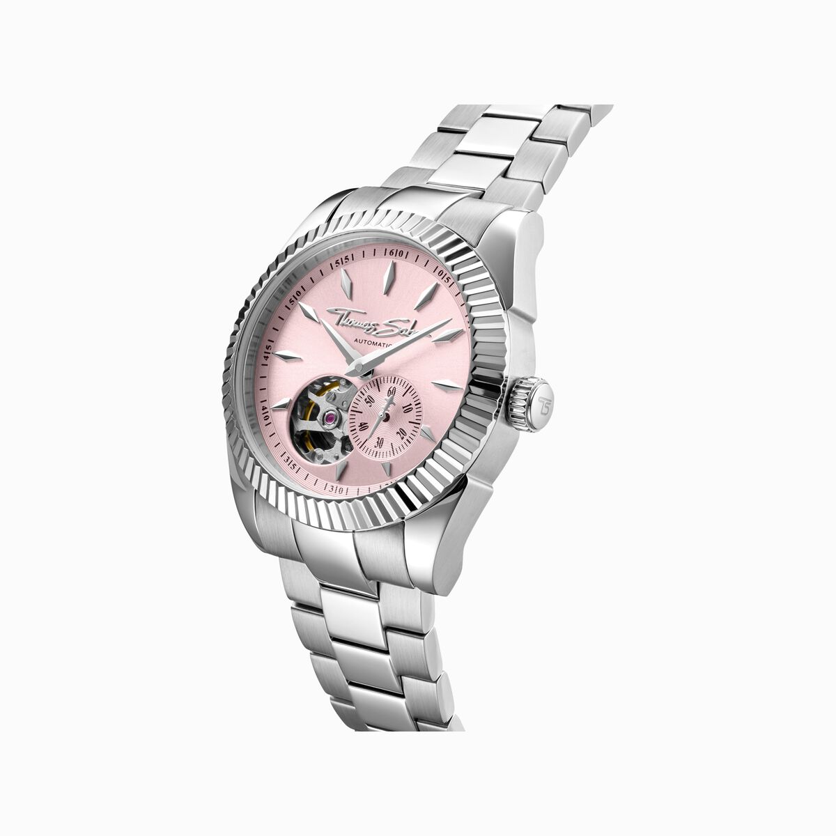Silver automatic watch with 36 mm and rebel pink dial