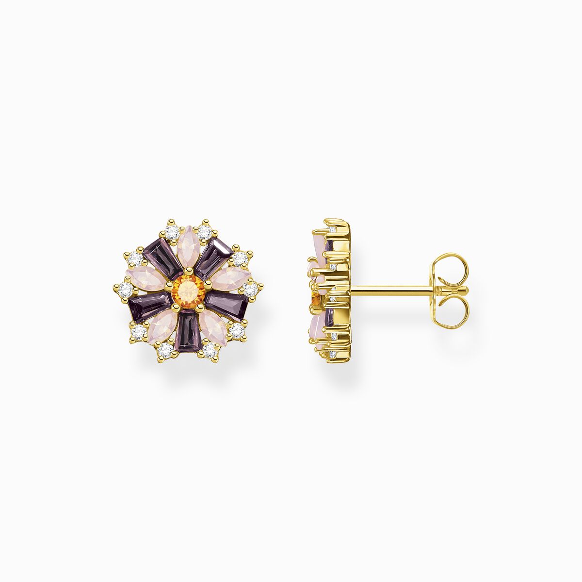 Ear studs flower colourful stones gold