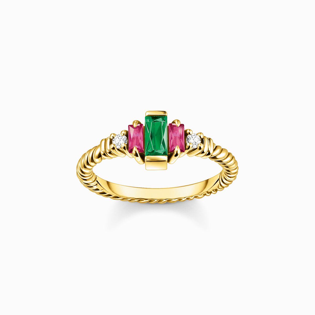 Ring rope with green and red stones gold plated