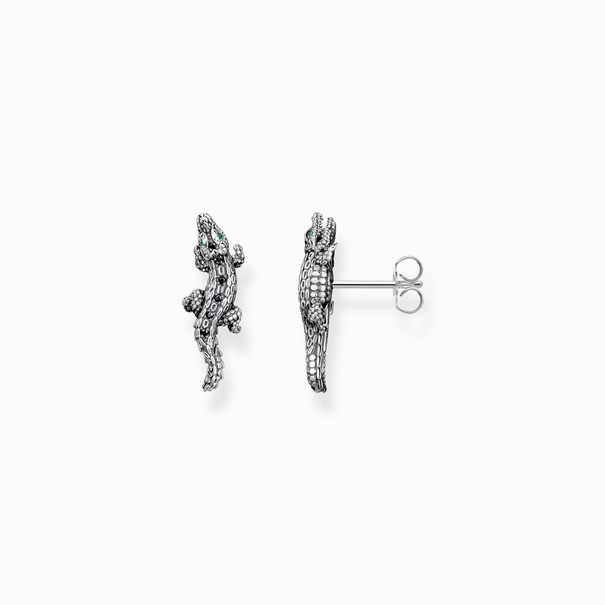 Blackened silver ear studs crocodile with black and green stones