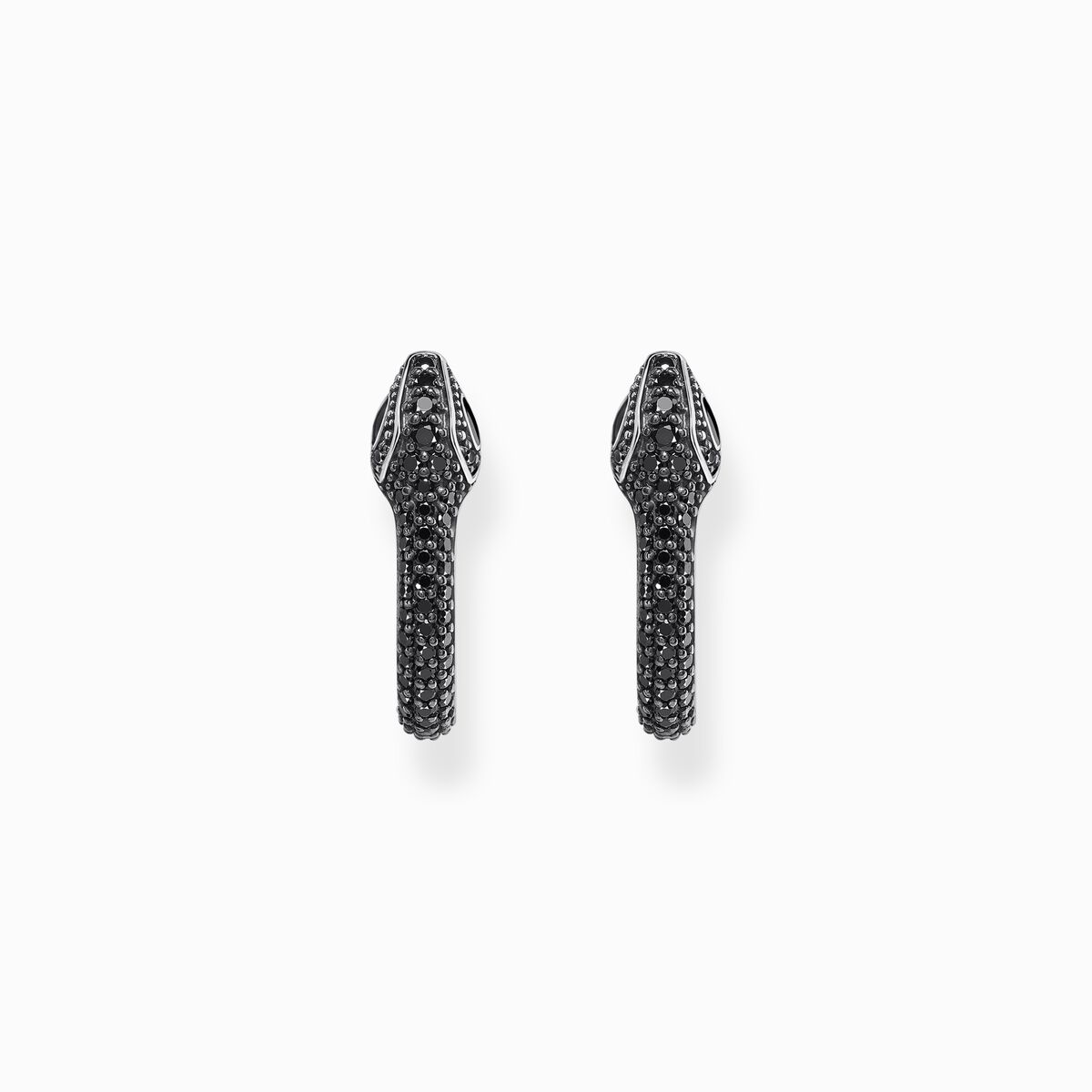 Silver blackened snake hoop earrings with black zirconia