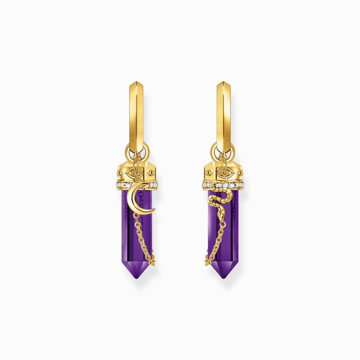 Yellow-gold plated hoop earrings with imitation amethysts