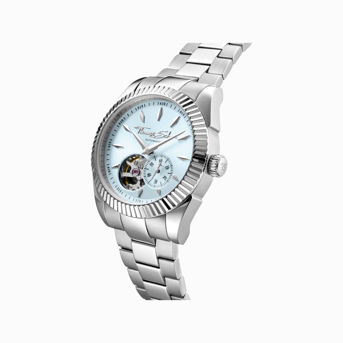 Silver automatic watch with 36 mm and ice blue dial