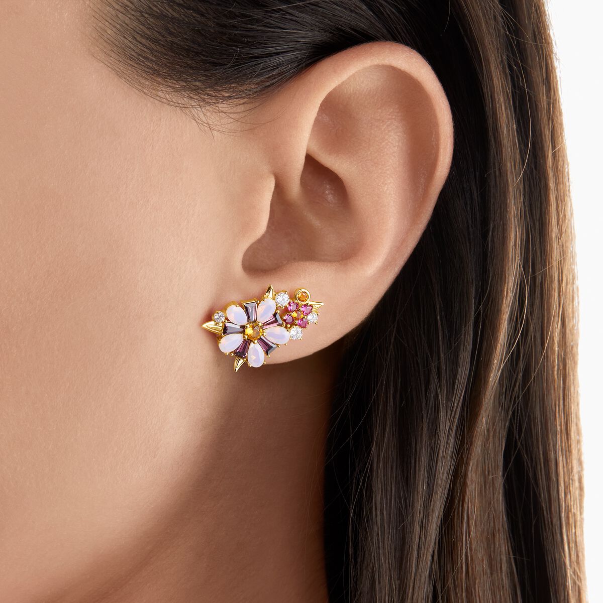 Ear studs flowers colourful stones gold