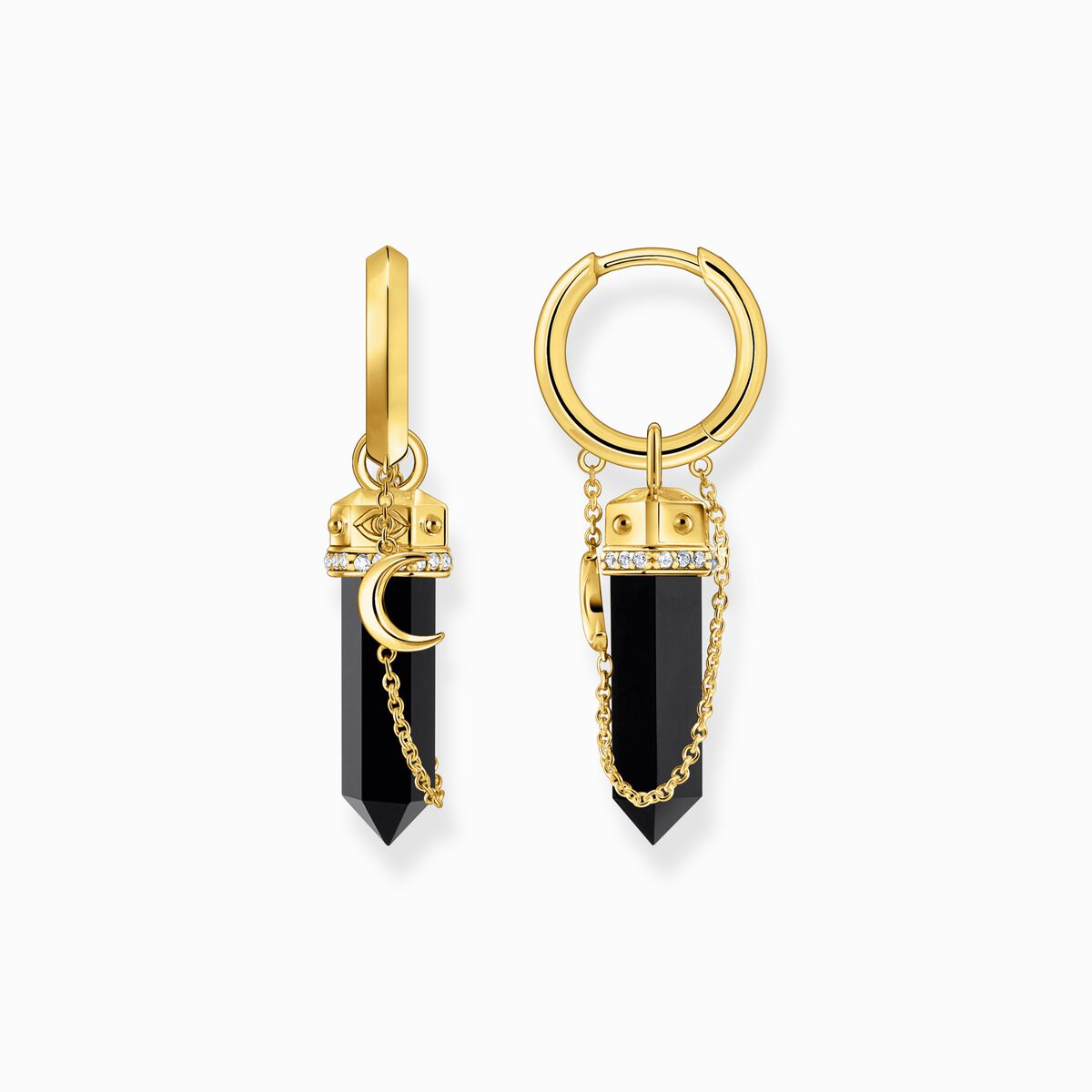 Yellow-gold plated hoop earrings with onyx and small chain