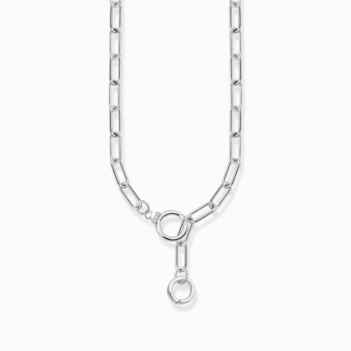Silver link necklace with two ring clasps and white zirconia