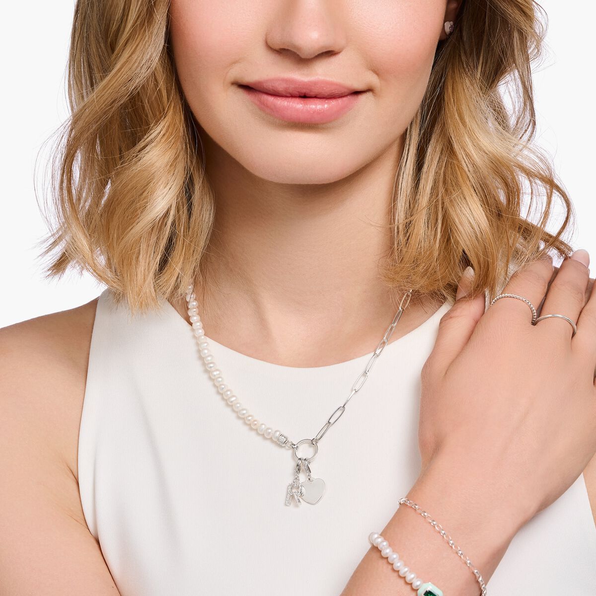 Charm necklace with white pearls and Coin silver