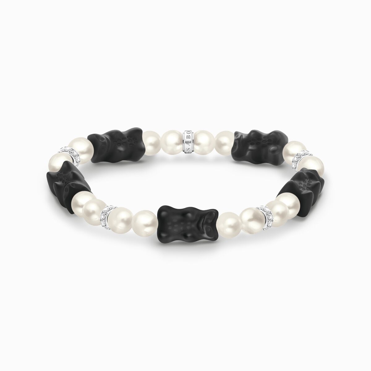 Silver pearl bracelet with 5 black Goldbears