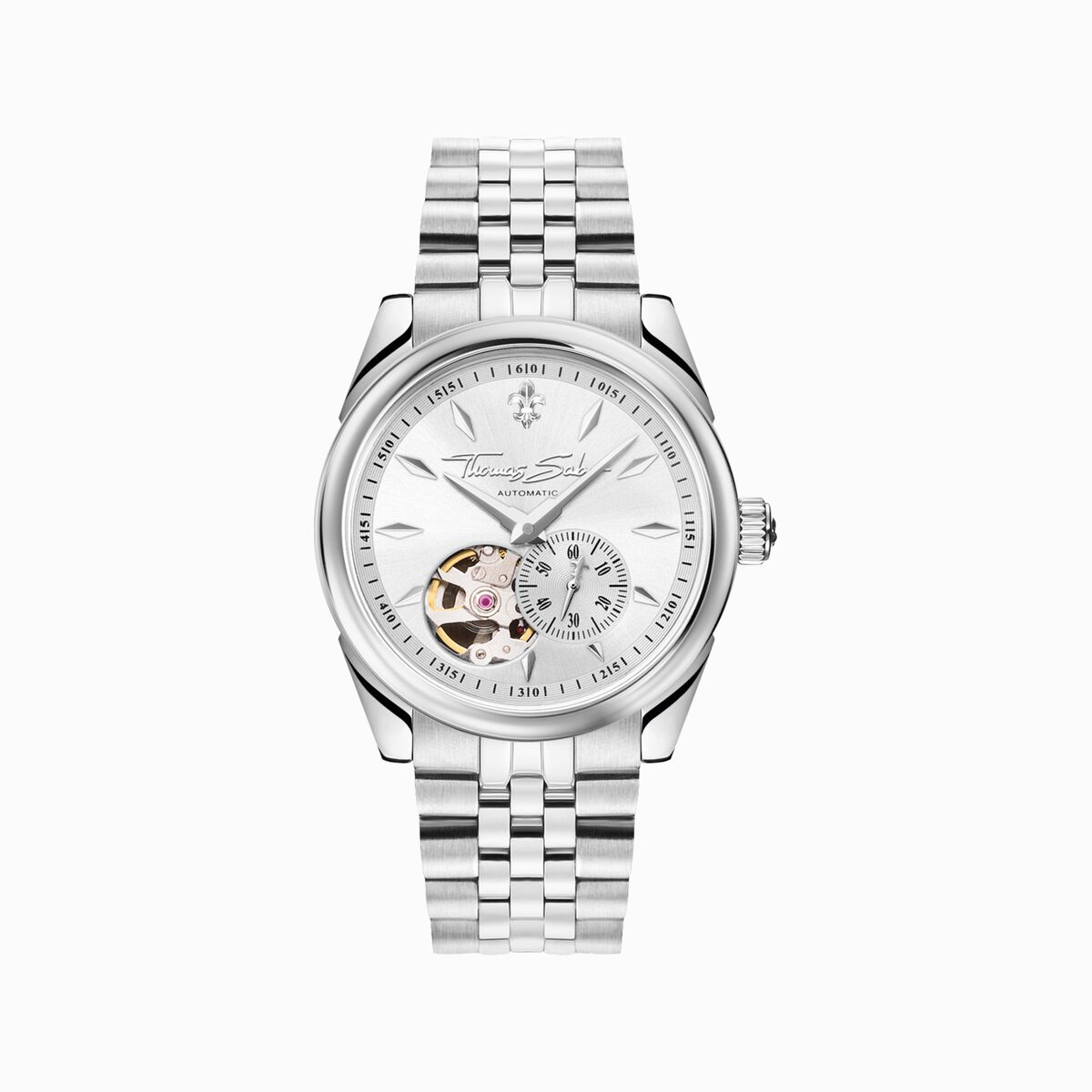 Silver automatic watch with 36 mm and lilies emblem
