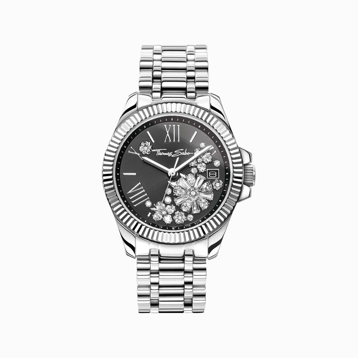 Silver women's watch with 33 mm, black dial and white flowers