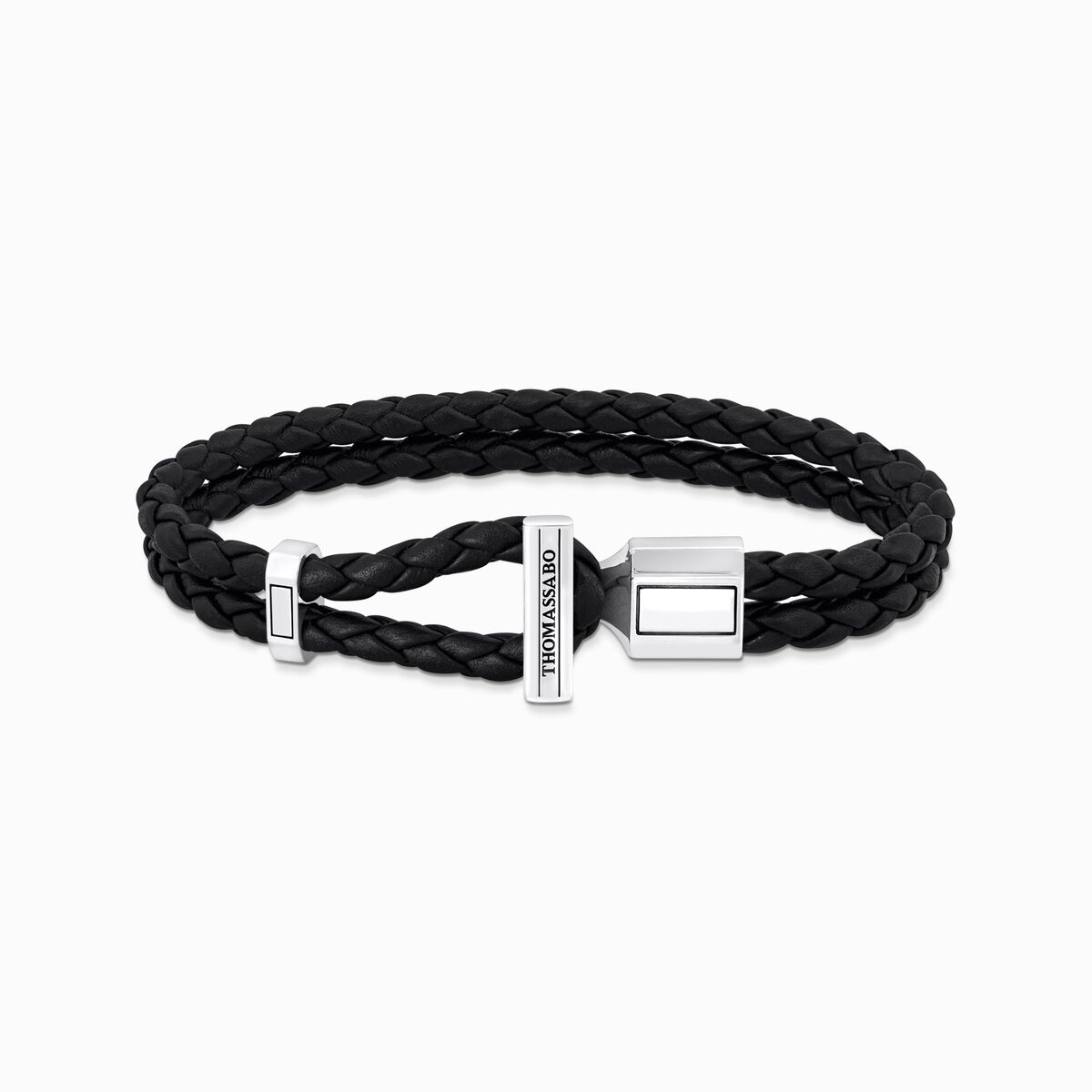 Silver double bracelet with braided, black leather