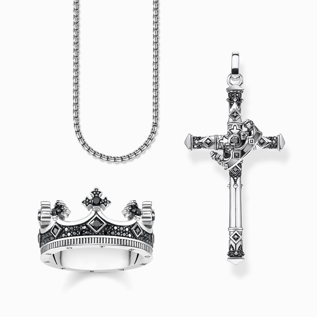 Jewellery set cross with crown silver blackened