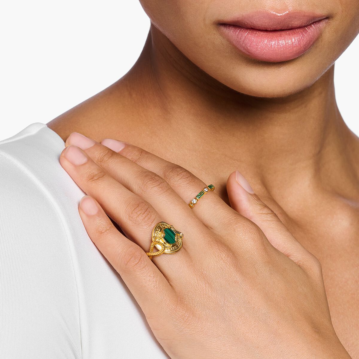Ring snake with green malachite gold plated
