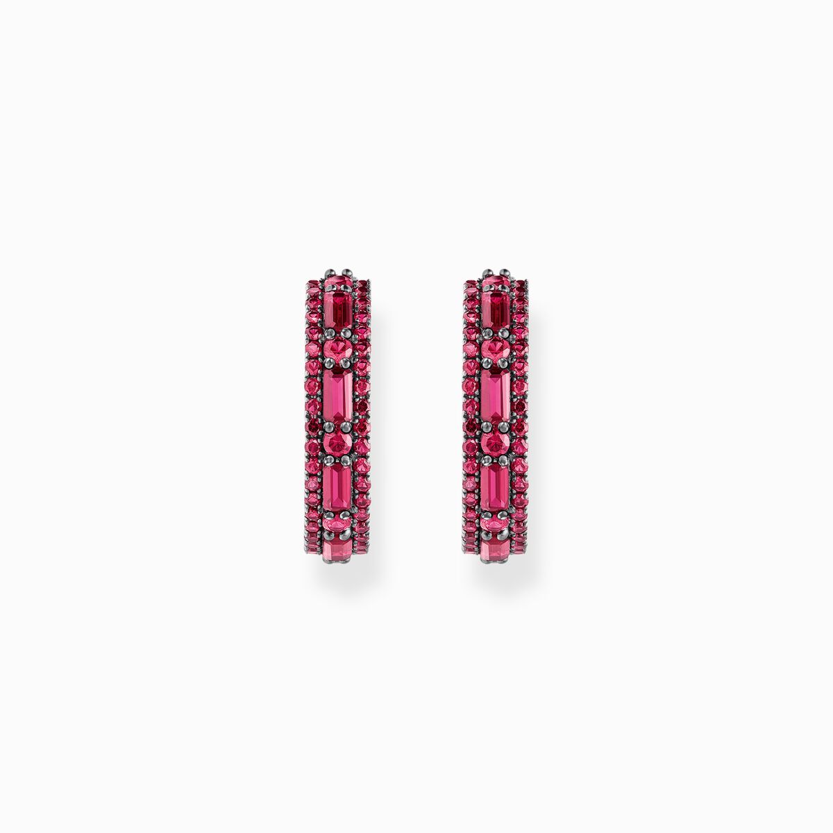 Silver blackened hoop earrings with ruby red stones