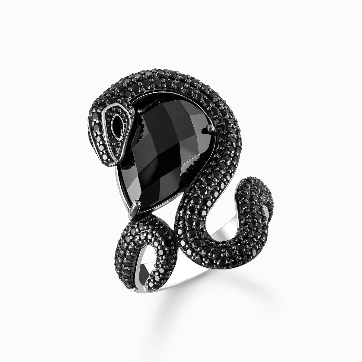 Silver blackened snake ring with drop-shaped black zirconia