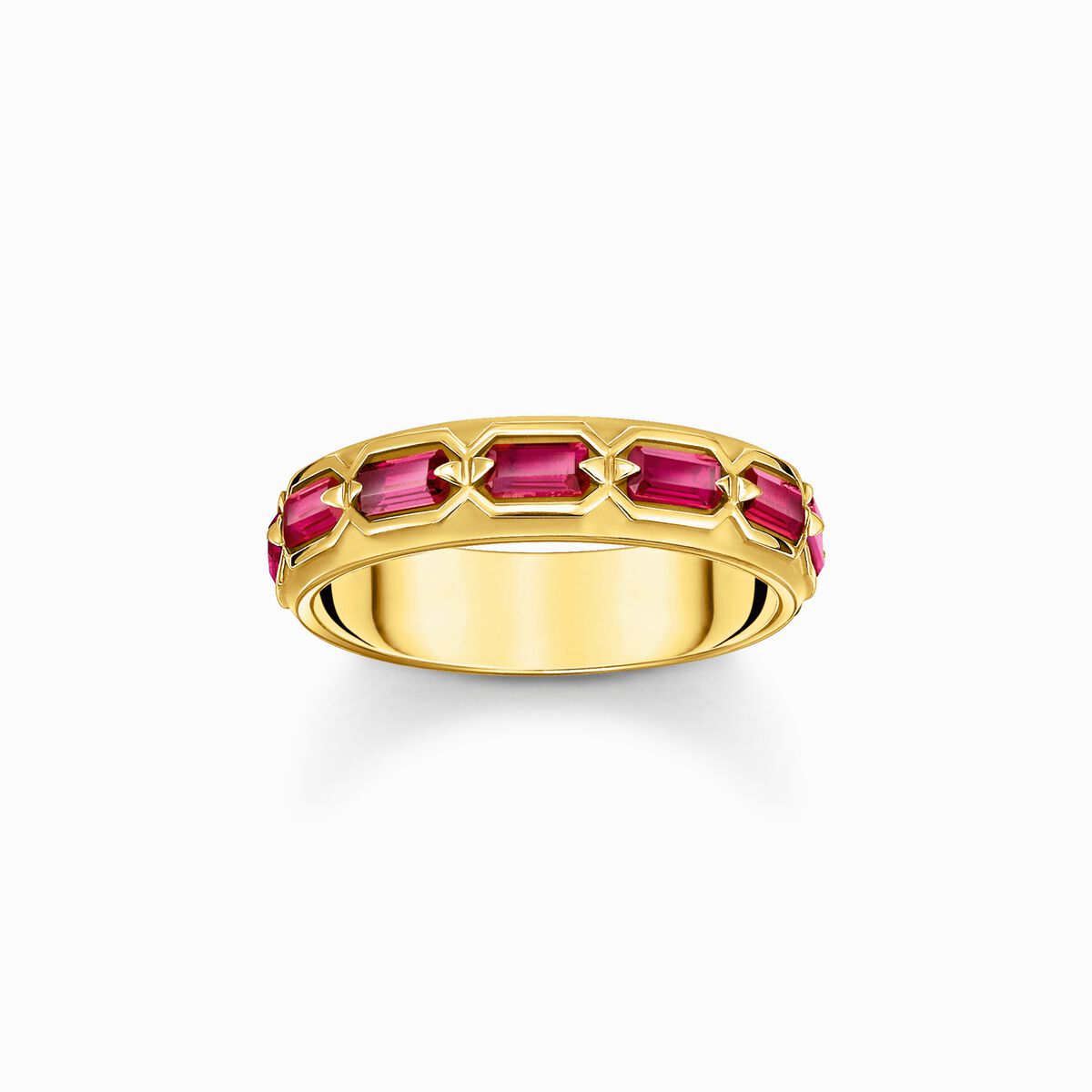 Gold plated band ring in crocodile design with red stones