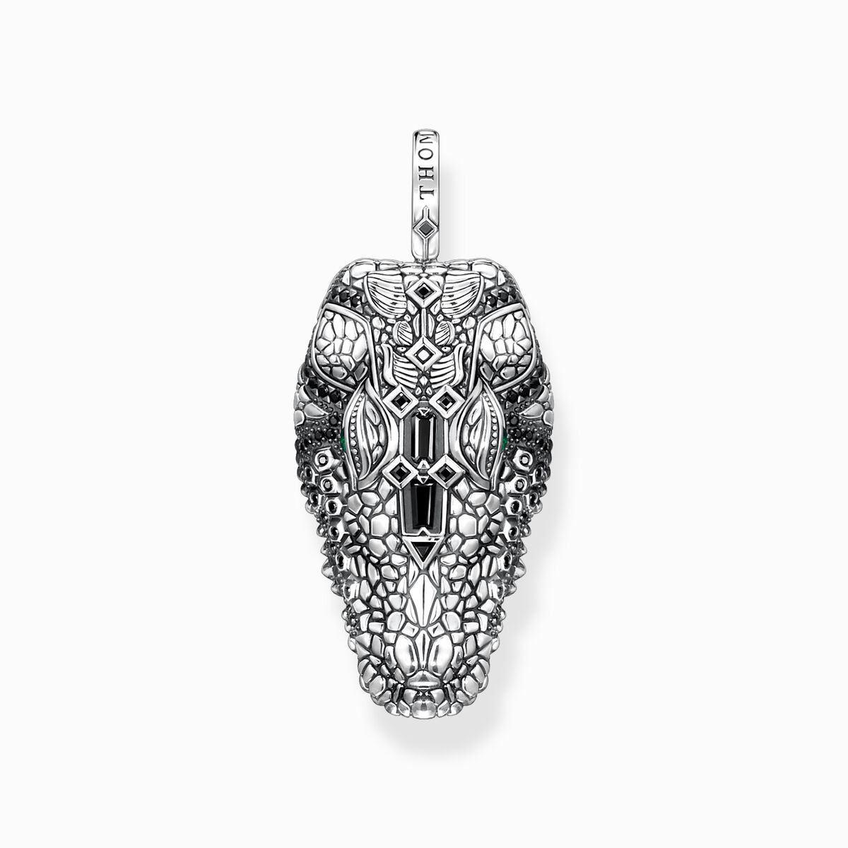Blackened silver pendant crocodile head with black and green stones