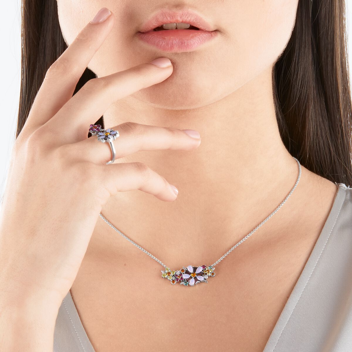 Necklace flowers colourful stones silver
