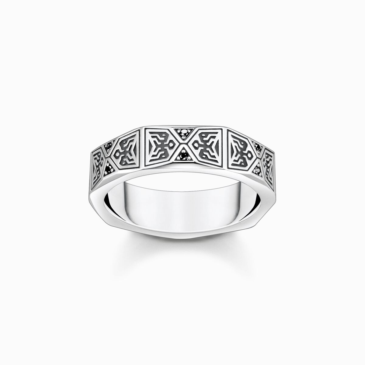 Ring faceted design with black stones silver