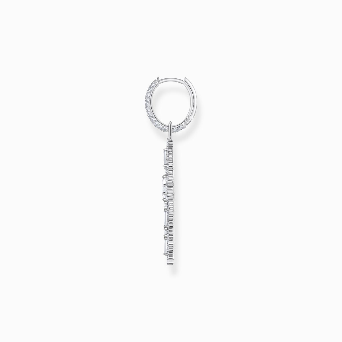 Silver cross single hoop earring with white zirconia