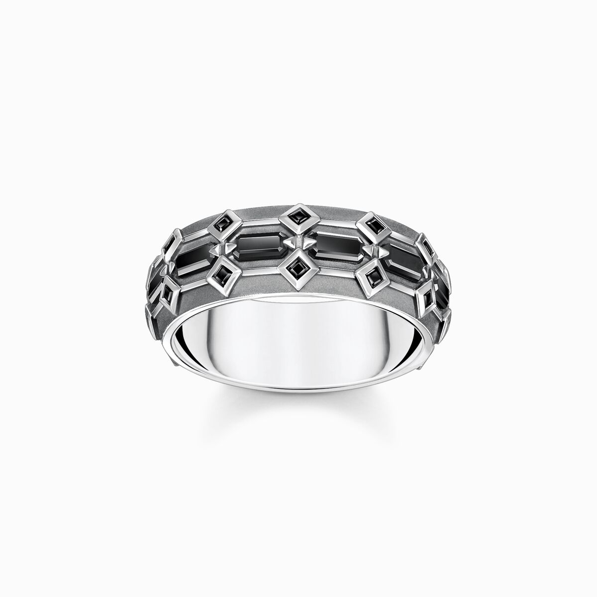 Blackened silver ring wide crocodile shell with black stones
