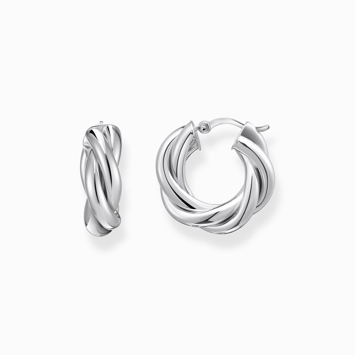 Silver hoop earrings in intertwined design