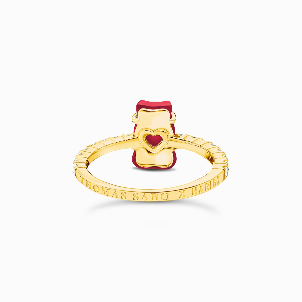 Gold-plated ring with red mini sized goldbears and zirconia