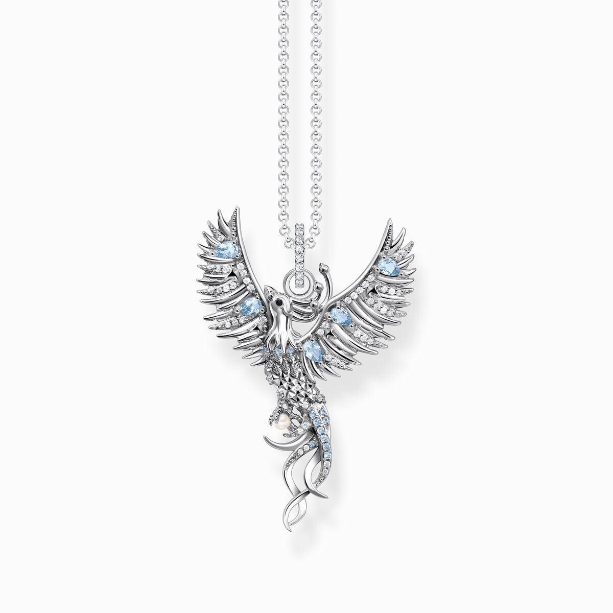 Silver necklace with Phoenix pendant and various colourful stones