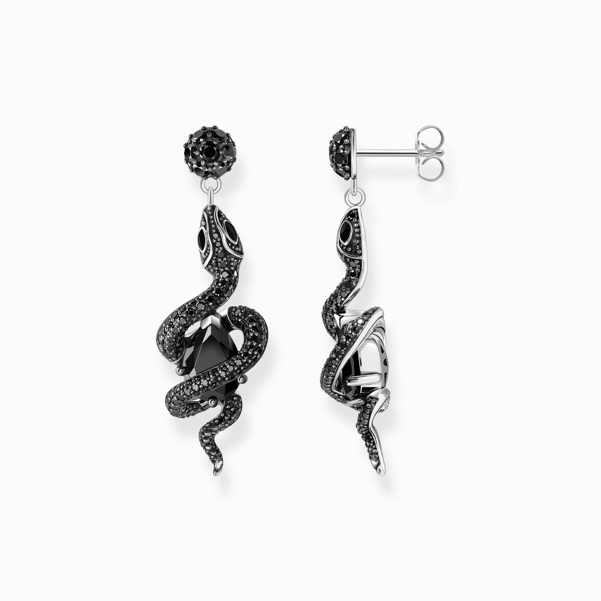 Silver blackened earrings with snake pendant and zirconia