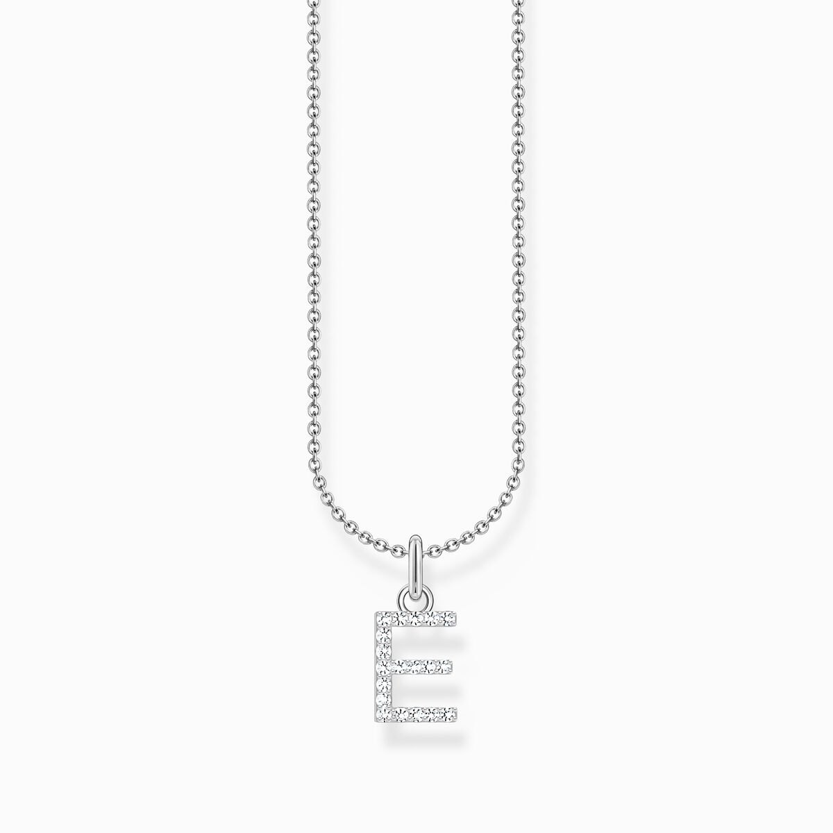 Silver necklace with letter pendant E and white zirconia