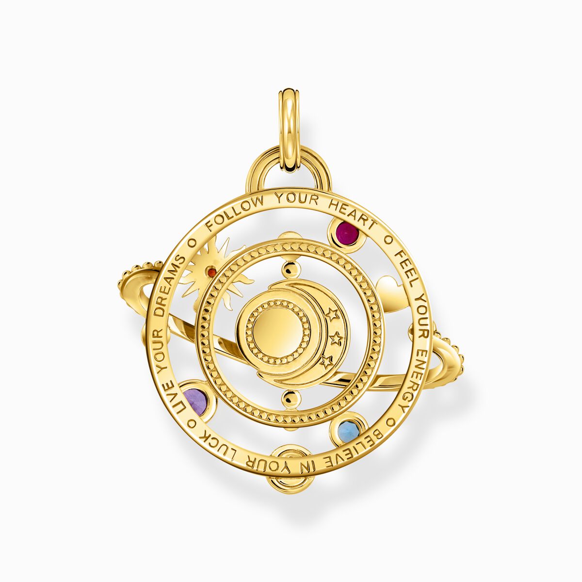 Yellow-gold plated pendant with planetary ring and various stones