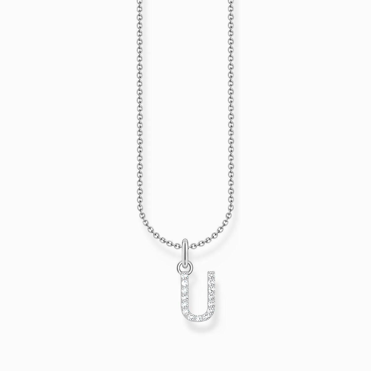 Silver necklace with letter pendant U and white zirconia