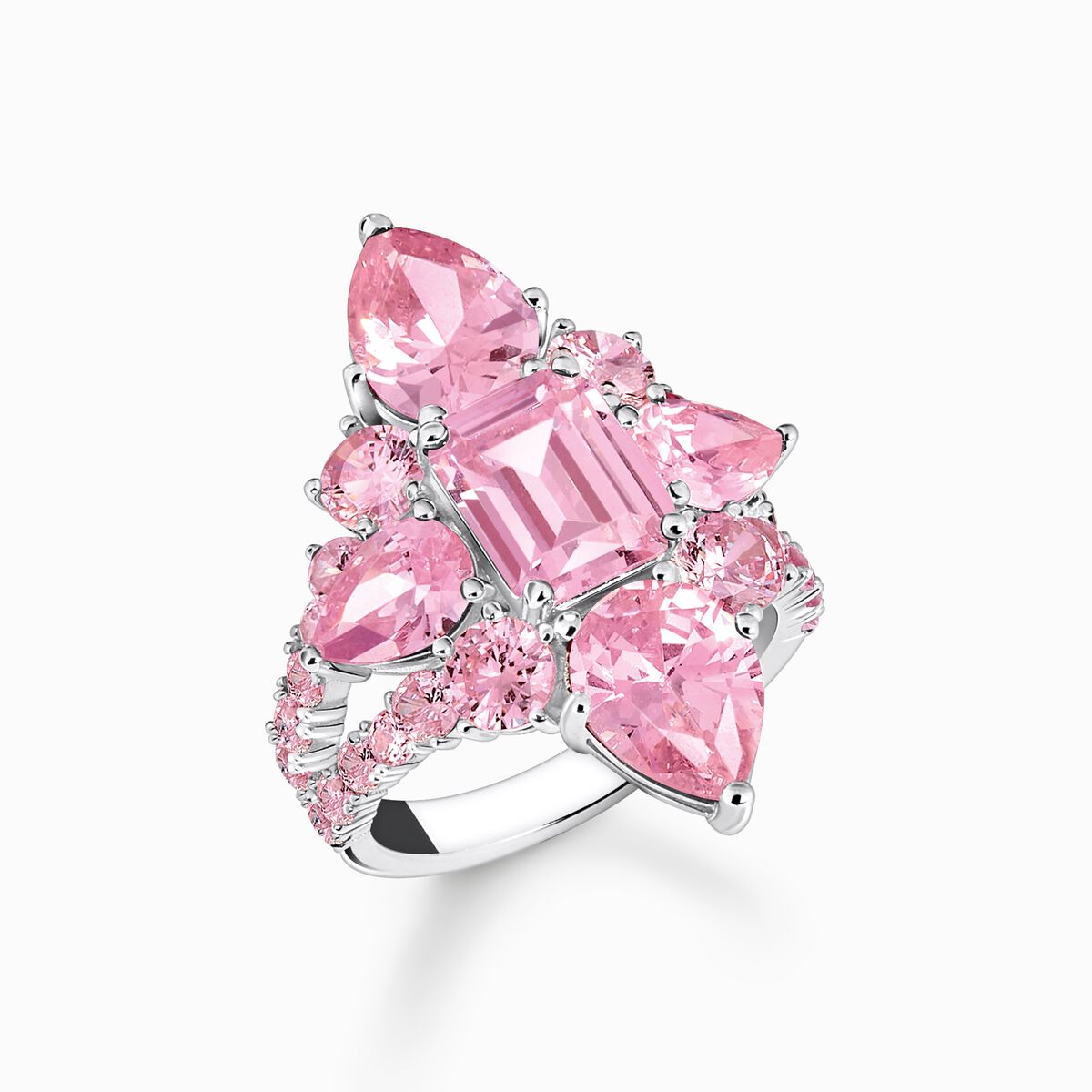 Silver cocktail ring with pink zirconia stones