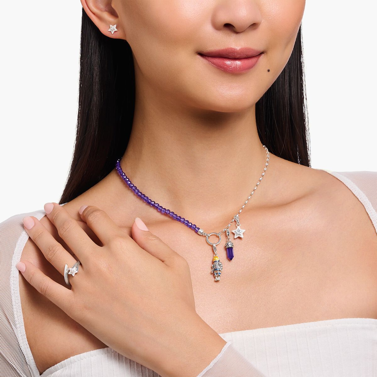 Charm necklace with violet imitation amethyst beads silver