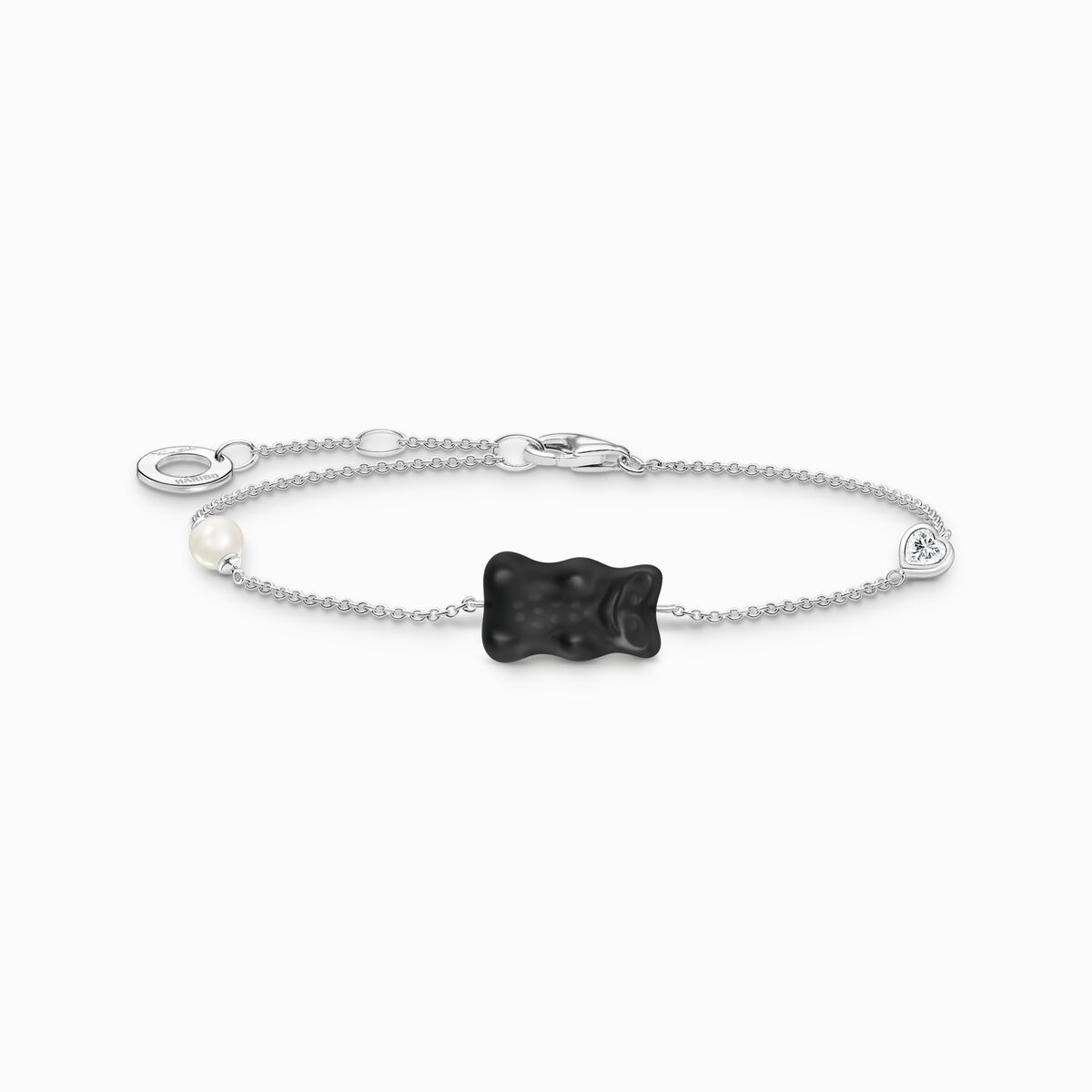 Silver bracelet with black Goldbears, freshwater pearl & zirconia