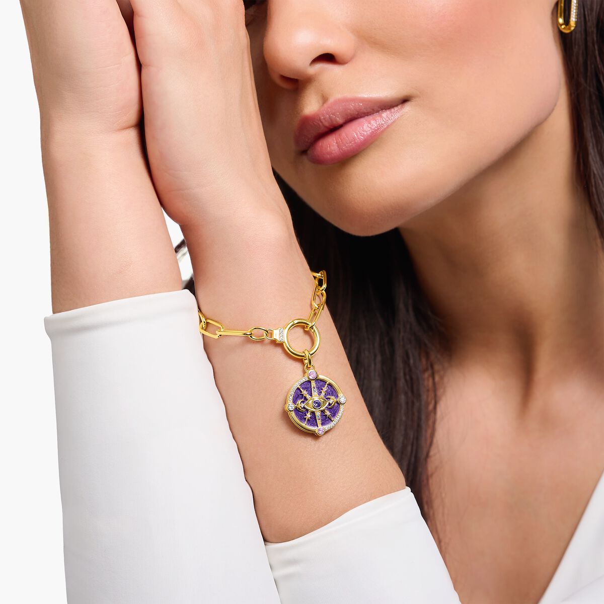 Yellow-gold plated link bracelet with zirconia and ring clasp