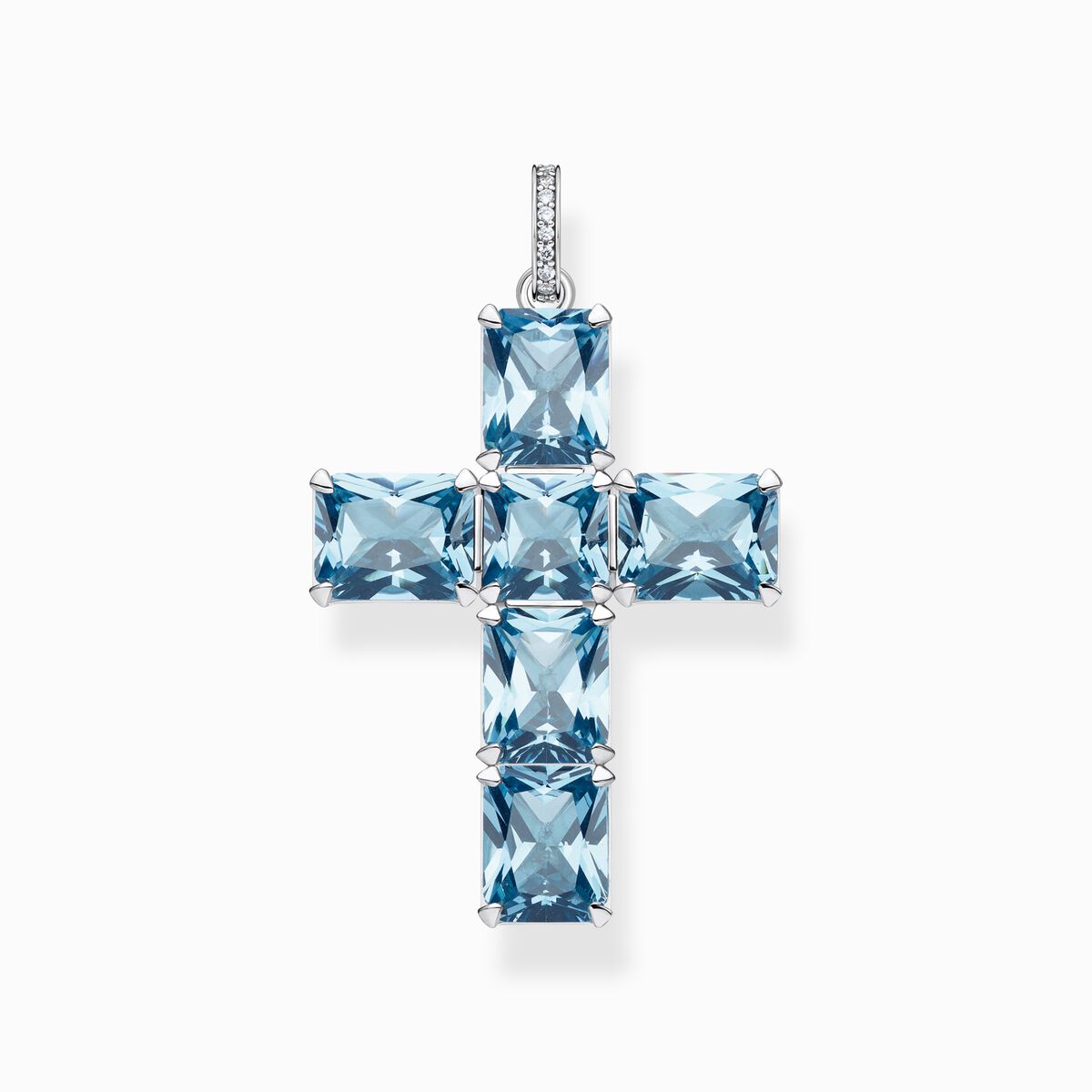 Pendant cross with aquamarine-coloured and white stones silver