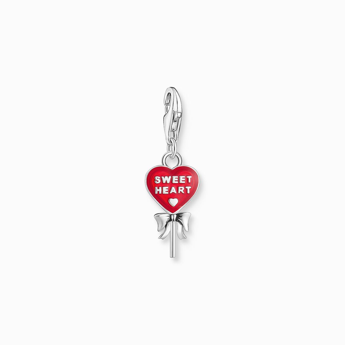 Silver charm pendant with red lollipop-heart